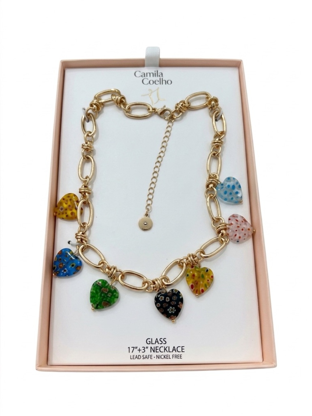 Camila Coelho Gold-Tone Chain Necklace 17”+3” extender & Multicolor Heart Charms